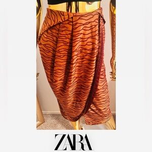 Zara Zebra Art Design Wrap Skirt, Brown, Dark Orange, Size Medium, NWT